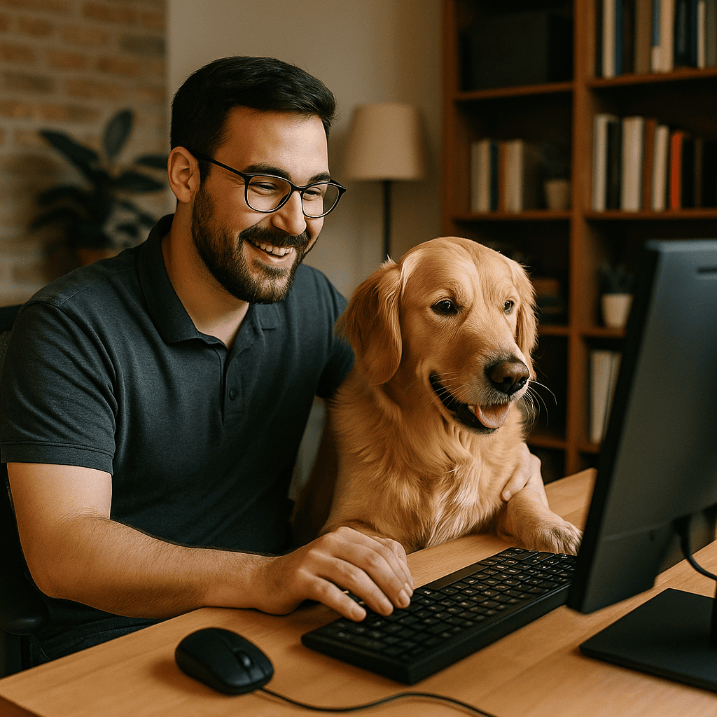 Man smiling at a computer while a friendly golden retriever sits beside him at the desk.